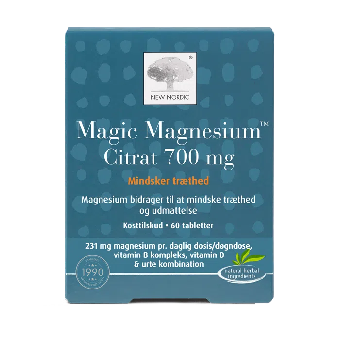 New Nordic Magic Magnesium™ Citrat 700 mg pakend sinisel taustal.