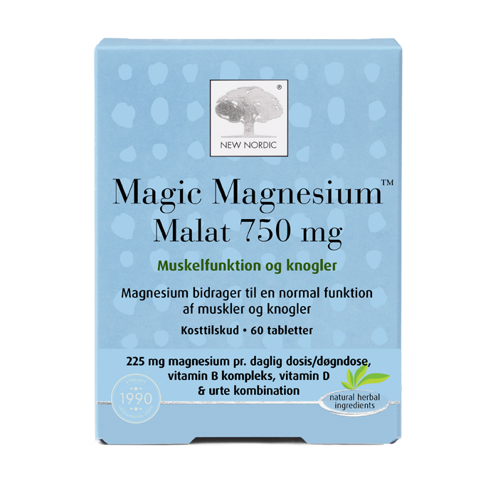 New Nordic Magic magneesiummalaat 750 mg pakendi esikülg heledal taustal.