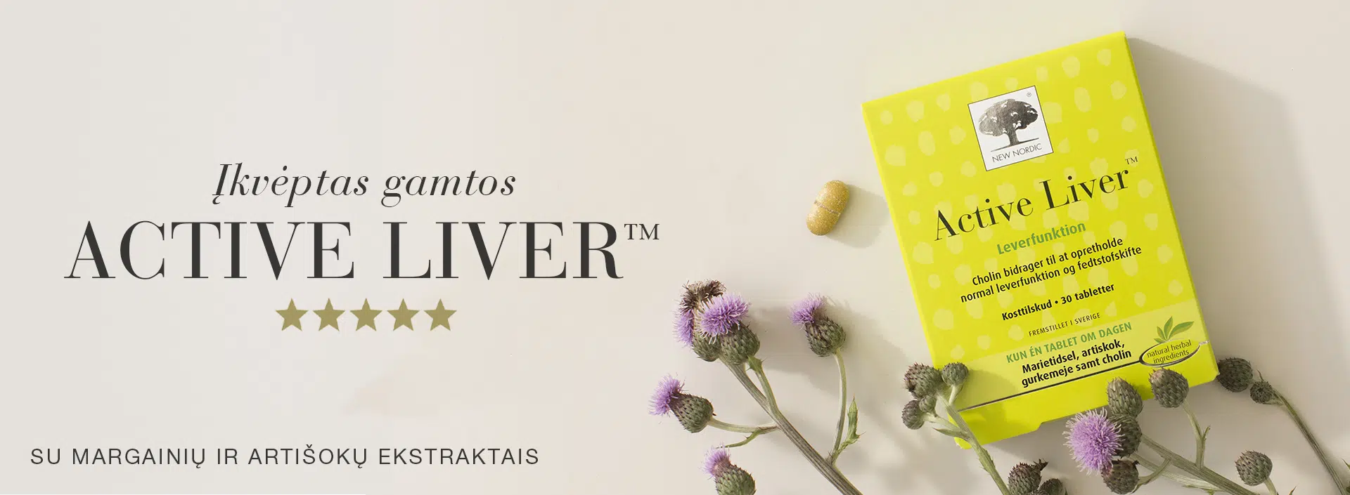 New Nordic Active Liver™ pakend piimaohaka õite ja tabletiga heledal taustal.