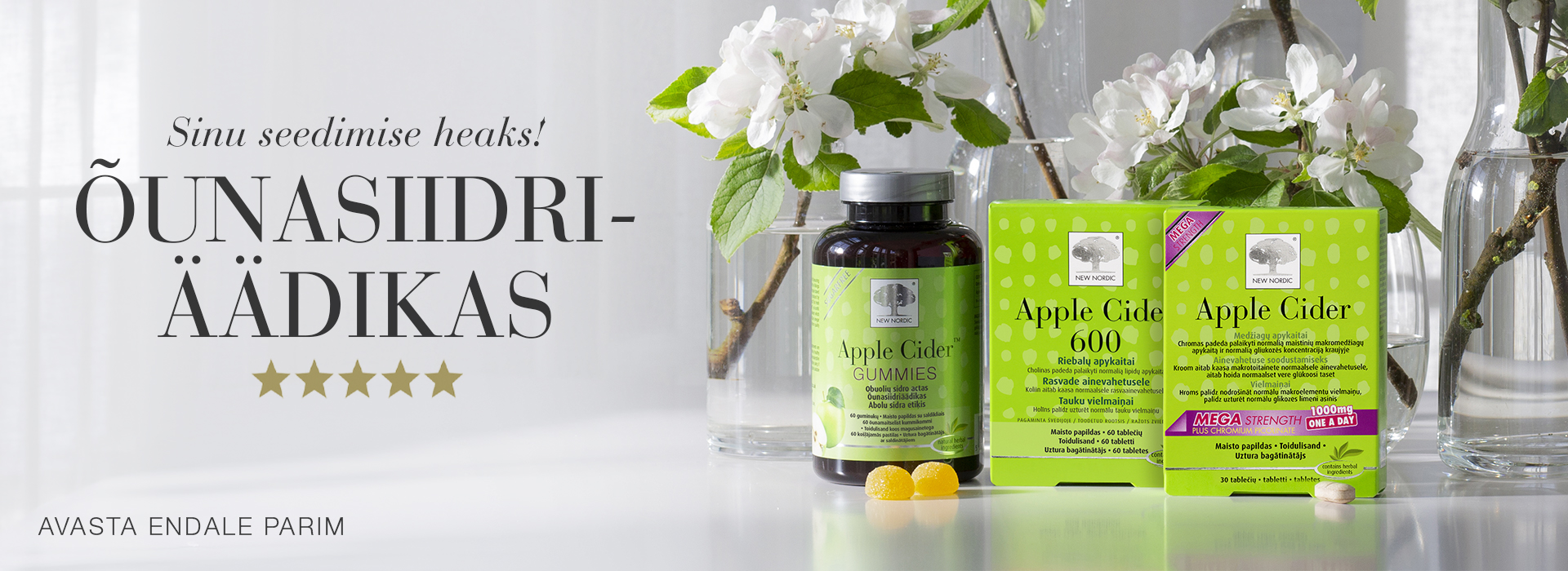 New Nordic Apple Cider Gummies, Apple Cider 600 ja Apple Cider õunaõite taustal.