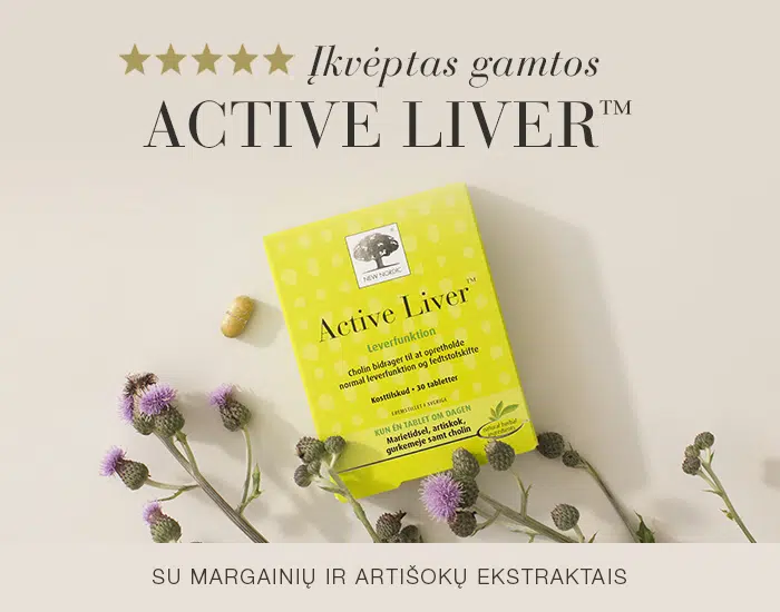 New Nordic Active Liver™ pakend piimaohaka õite ja tabletiga heledal taustal.