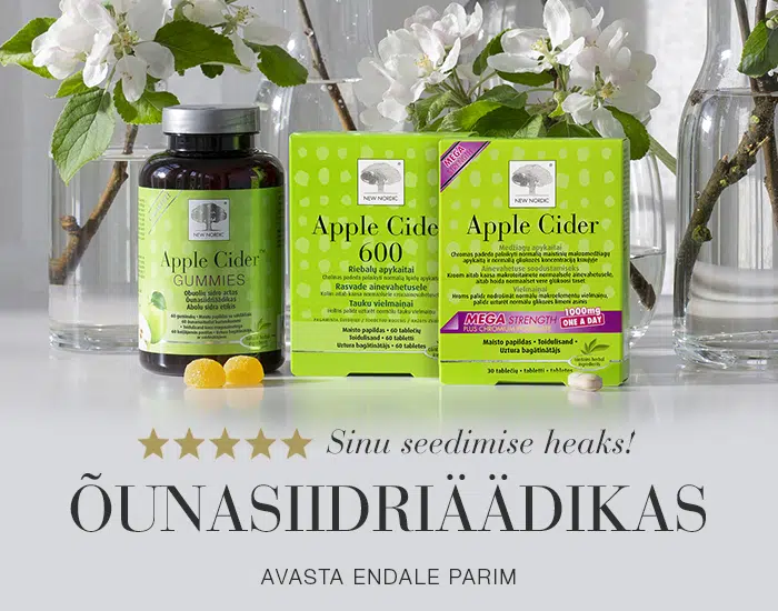 New Nordic Apple Cider Gummies, Apple Cider 600 ja Apple Cider õunaõite taustal.