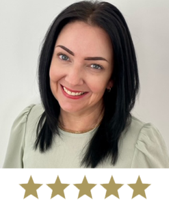 Hair Volume™ 13 Woman smiling with five stars displayed underneath.