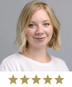 Hair Volume™ 10 Woman smiling with five stars displayed underneath.