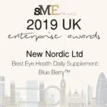Award badge showing Enterprise Awards 2019 recognition for Best Eye Health Daily Supplement, Blue Berry™.