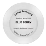 Silver award plate showing Świat Farmacji Product of the Year 2022 recognition for Blue Berry.