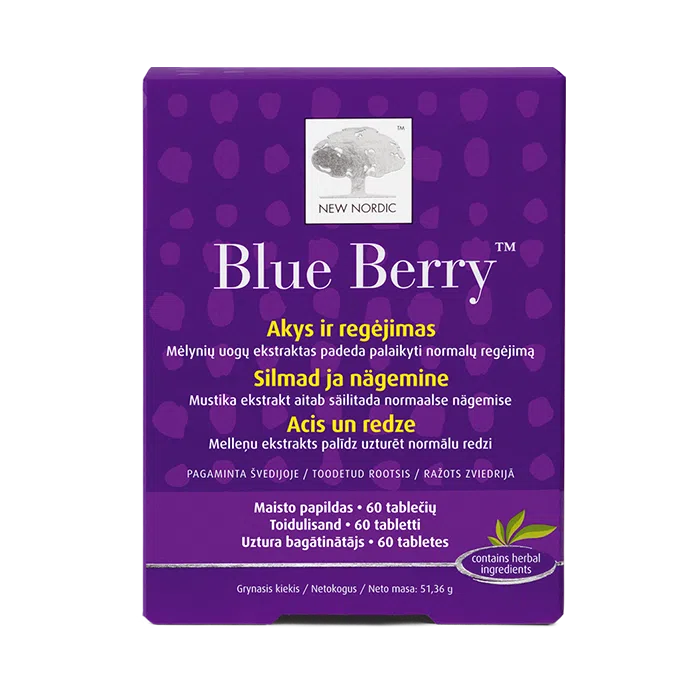 web_packshot_blueberry_60_BALTIC New Nordic Blue Berry™ Eyebright tabletid, mis sisaldavad mustikaid ja taimeekstrakte, aitavad säilitada silmade tervist ja normaalset nägemist.