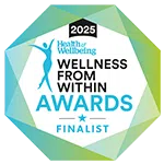 Badge showing Health and Wellbeing Awards 2025 finalist recognition.