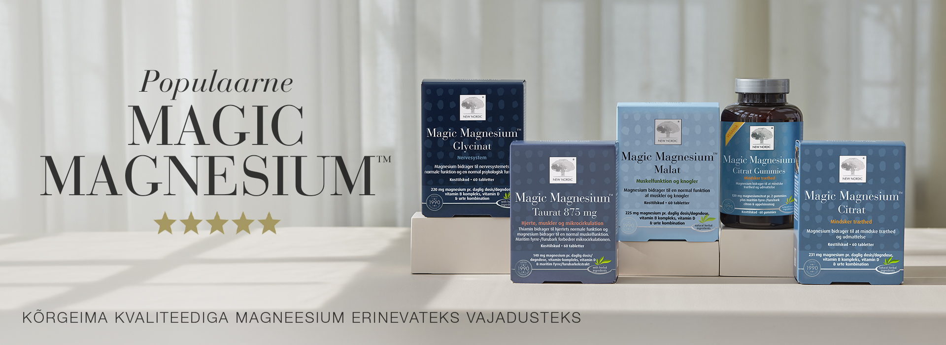 New Nordic Magic Magnesium™ sari viie erineva magneesiumitootega heledal taustal.