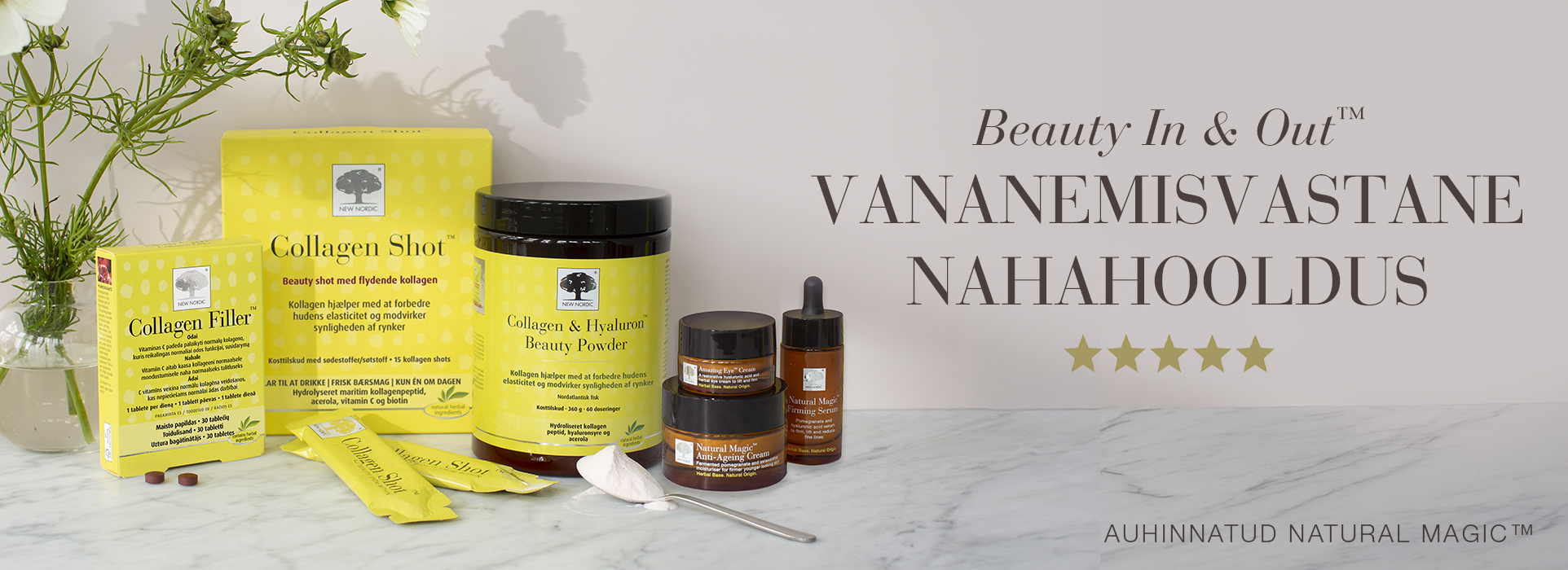 New Nordic Beauty In & Out™ vananemisvastane nahahooldussari Collagen ja Natural Magic™ toodetega.