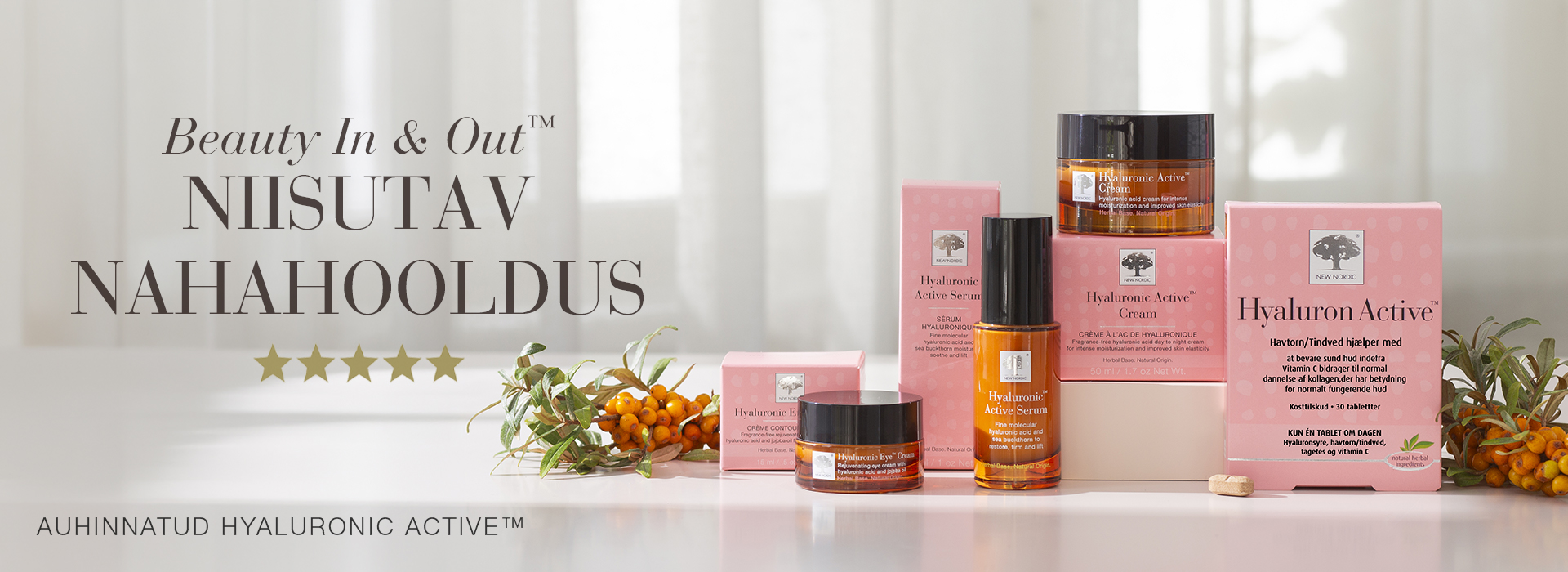 New Nordic Hyaluronic Active™ nahahooldustoodete sari astelpajumarjadega ja viie tärni hinnanguga.