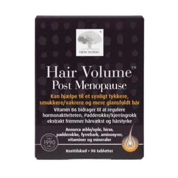 New Nordic Hair Volume™ Post Menopause tablettide pilt – õunaekstrakti, B-grupi vitamiinide, tsingi, biotiini ja lutserniekstrakti sisaldus aitab säilitada tihedamad ja läikivad juuksed.