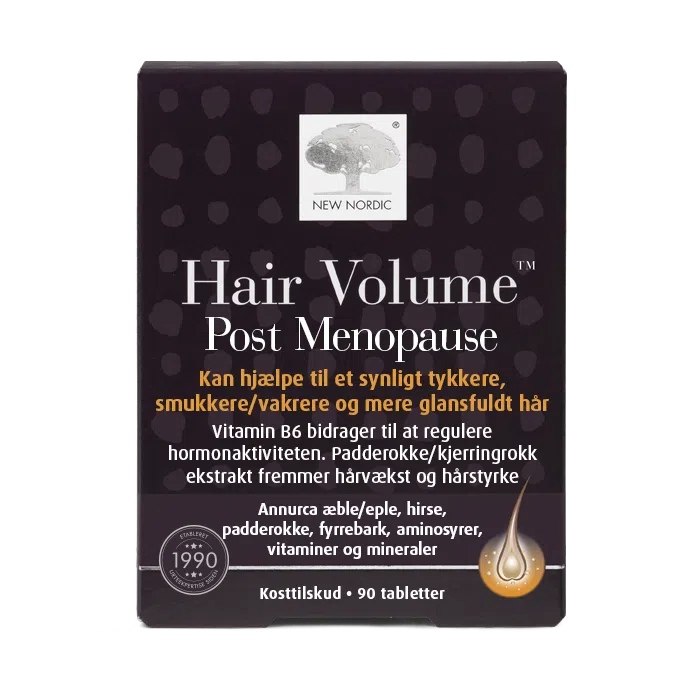 di_webpackshot_hairvolume_menopause_90_dk New Nordic Hair Volume™ Post Menopause tablettide pilt – õunaekstrakti, B-grupi vitamiinide, tsingi, biotiini ja lutserniekstrakti sisaldus aitab säilitada tihedamad ja läikivad juuksed.
