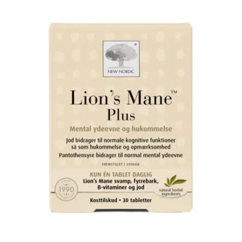 New Nordic Lion’s Mane Plus – lõvilakk-korallnarmiku tabletid vaimse jõudluse ja mälu toetamiseks.