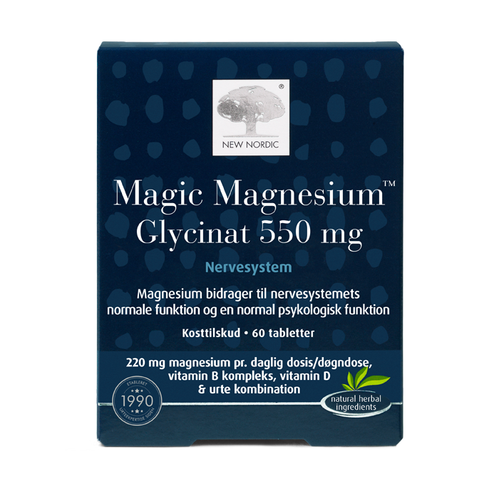 New Nordic Magic Magnesium™ glütsinaat-tabletid, mis sisaldavad magneesiumi, B- ja D-vitamiine ning ranniku-männi koore ekstrakti, aitavad säilitada lihaste, närvisüsteemi ja ainevahetuse normaalset toimimist ning parandavad mikrokirkuulatsiooni. Toote pilt.