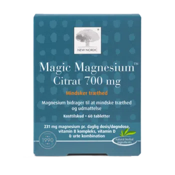 New Nordic Magic Magnesium Citrate™ tabletid, mis sisaldavad magneesiumi, B-grupi vitamiinidega, merepuu koore ja pikapipra ekstraktidega aitavad säilitada lihaste, närvisüsteemi, ainevahetuse ja südame normaalset tööd, parandavad mikrokirkuulatsiooni ja aitavad vähendada väsimust. Toote pilt.