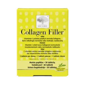 New Nordic Collagen Filler™ tabletid, mis sisaldavad kollageeni ja C-vitamiini, aitavad säilitada naha pinguldust ja elastsust ning vähendada peenete kortse nähtavust.