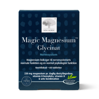 New Nordic Magic Magnesium™ Glycinat pakendi esikülg tumesinisel taustal.