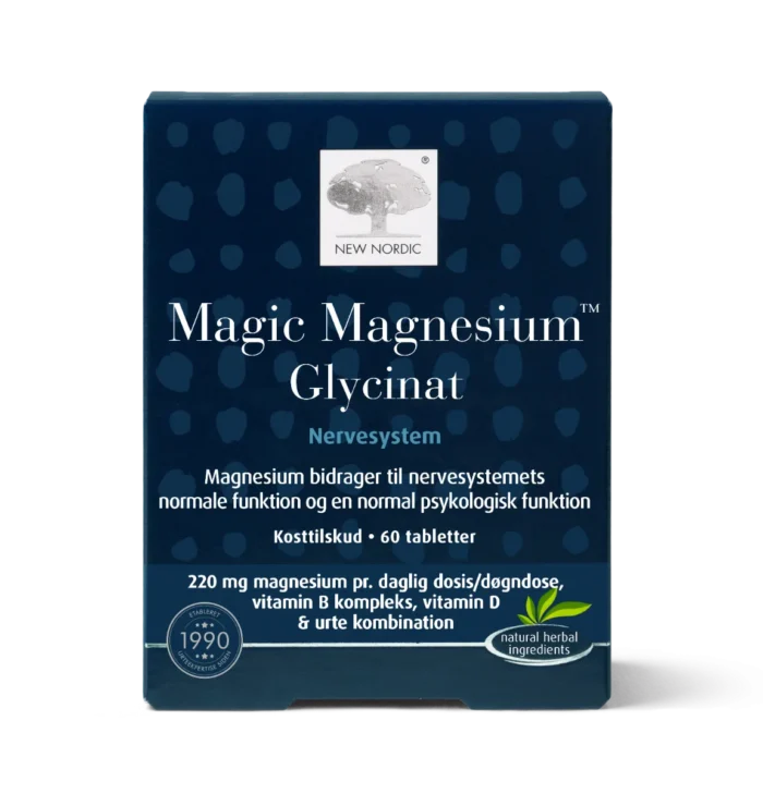 New Nordic Magic Magnesium™ Glycinat pakendi esikülg tumesinisel taustal.
