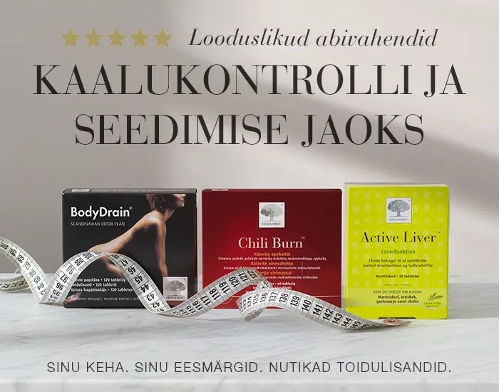 New Nordic BodyDrain®, Chili Burn™ ja Active Liver™ pakendid mõõdulindiga heledal taustal.