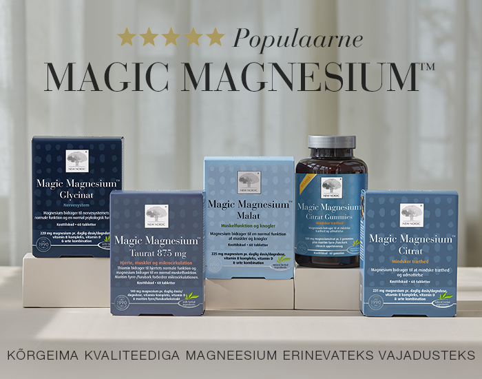 New Nordic Magic Magnesium™ sari viie erineva magneesiumitootega heledal taustal.