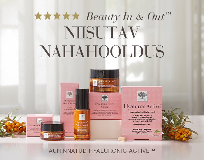 New Nordic Hyaluronic Active™ nahahooldustoodete sari astelpajumarjadega ja viie tärni hinnanguga.