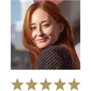 Hair Volume™ Gummies 2 Woman smiling with five stars displayed underneath.