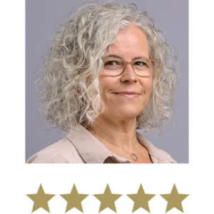 Hair Volume™ Gummies 1 Woman smiling with five stars displayed underneath.