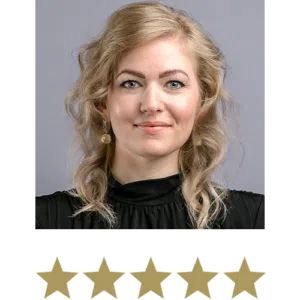 Hair Volume™ Gummies 3 Woman smiling with five stars displayed underneath.