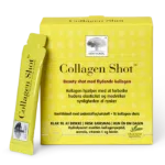 New Nordic Collagen Shots™ sisaldab hüdrolüüsitud merekollageeni, C-vitamiini, acerolat ja biotiini ning aitab säilitada naha elastsust ja vähendada kortsude nähtavust. Toote pilt.