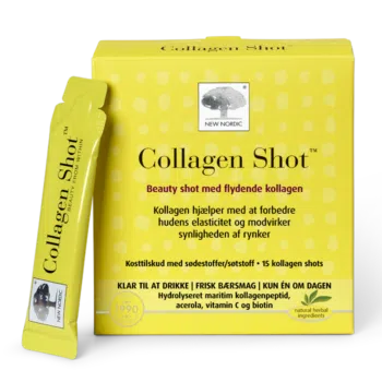 New Nordic Collagen Shots™ sisaldab hüdrolüüsitud merekollageeni, C-vitamiini, acerolat ja biotiini ning aitab säilitada naha elastsust ja vähendada kortsude nähtavust. Toote pilt.