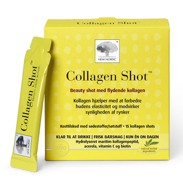 web_packshot_collagenshot_15_DKNO New Nordic Collagen Shots™ sisaldab hüdrolüüsitud merekollageeni, C-vitamiini, acerolat ja biotiini ning aitab säilitada naha elastsust ja vähendada kortsude nähtavust. Toote pilt.