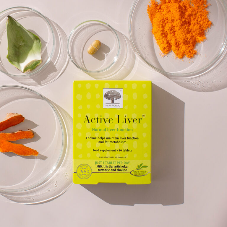 New Nordic Active Liver™ tablettide kollane pakend, mis aitab säilitada tervet seedimist ja maksa normaalset funktsioneerimist.