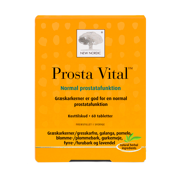 di_webpackshot_prosta_vital_60_dk New Nordic Prosta Vita™ tabletid aitavad toetada meeste tervist ja elujõudu tänu kõrvitsaseemneekstrakti, foolhappe ja taimeekstraktide kombinatsioonile. Toote pilt.