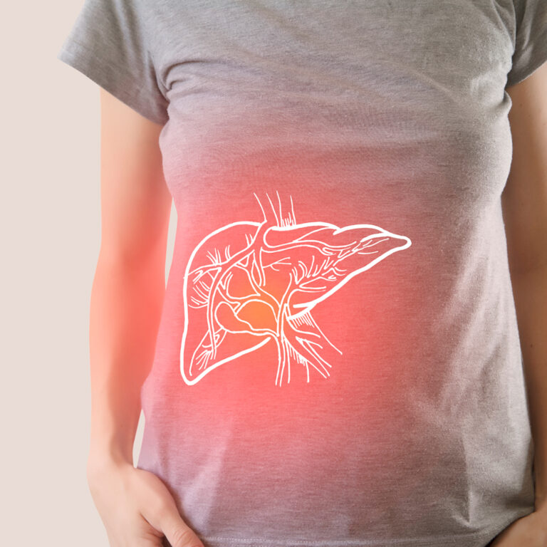 Illustratsioon, millel on kujutatud maks naise keha peal, näidates selle asukohta.