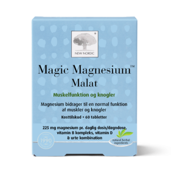 New Nordic Magic Magnesium™ Malat pakendi esikülg helesinisel taustal.