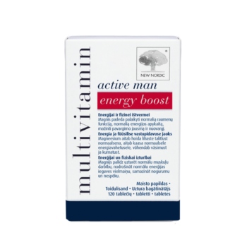 New Nordic multivitamin active man energy boost pakend läbipaistval taustal.