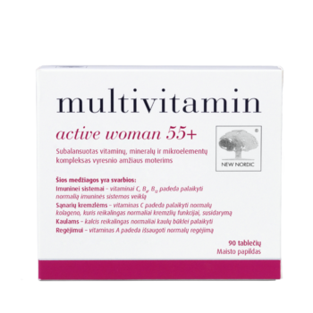New Nordic multivitamin active woman 55+ pakend läbipaistval taustal.