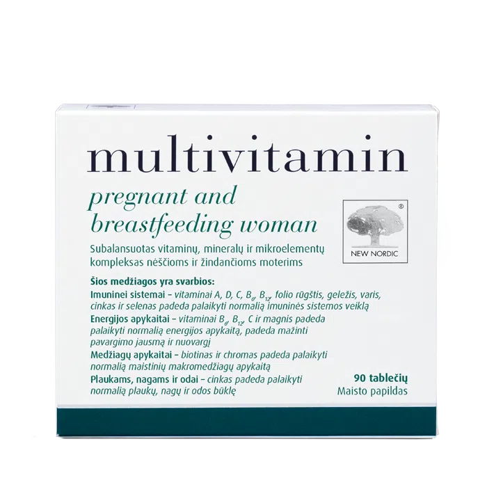 i_packshot_multivitamin_pregnant_90_baltic New Nordic multivitamin pregnant and breastfeeding woman pakend läbipaistval taustal.