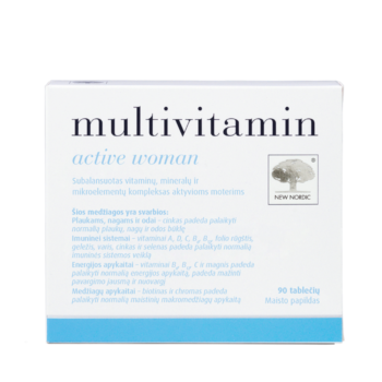 New Nordic multivitamin active woman pakend läbipaistval taustal.