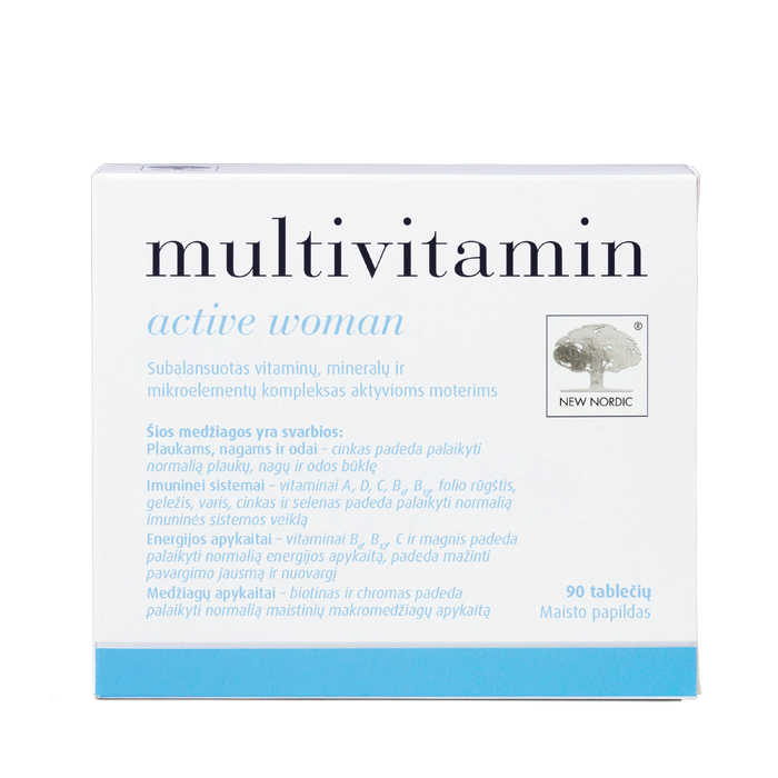 i_packshot_multivitamin_woman_90_baltic New Nordic multivitamin active woman pakend läbipaistval taustal.