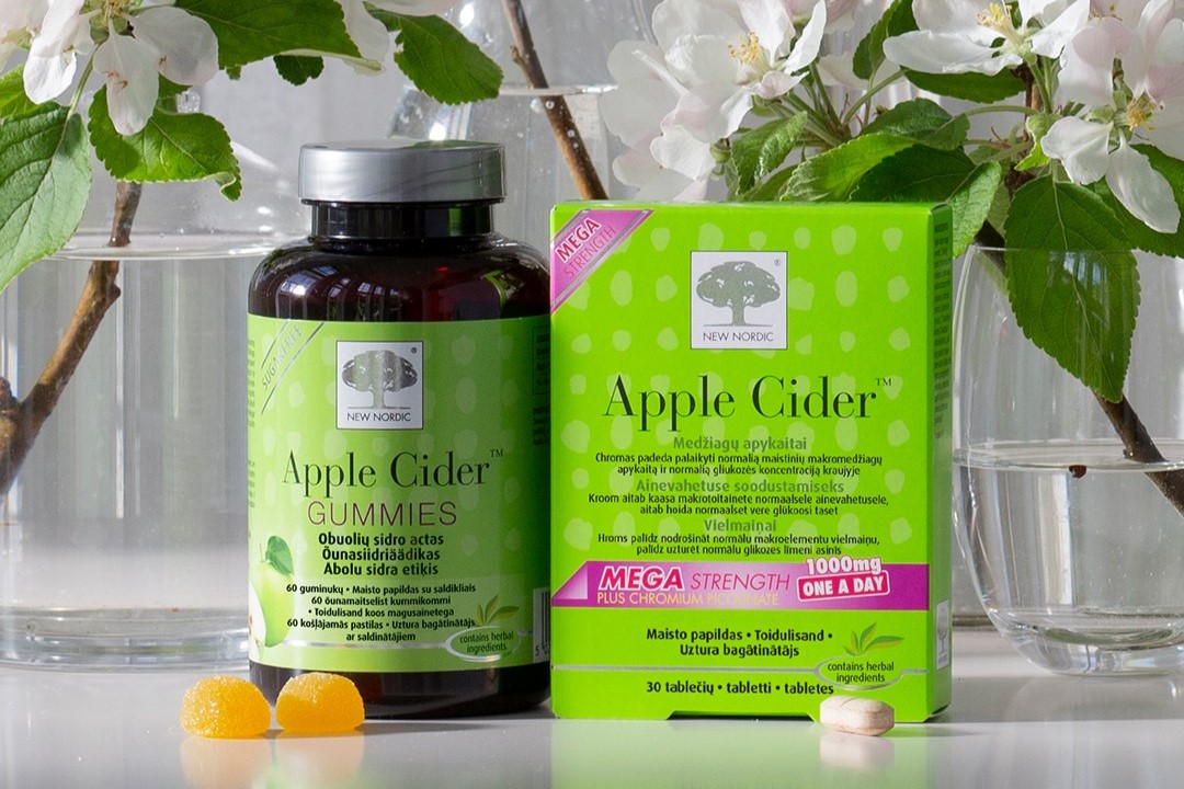 New Nordic Apple Cider™ tabletid ja Apple Cider™ Gummies õunaäädika toidulisandid rohelises pakendis.
