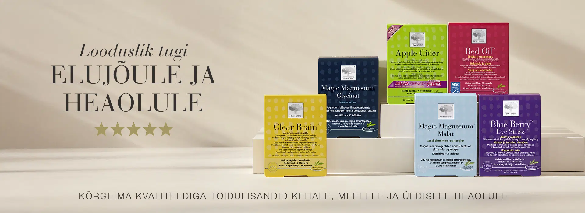 New Nordic toidulisandite valik elujõu ja heaolu toetamiseks, sealhulgas Magic Magnesium™, Apple Cider™ ja Blue Berry™.