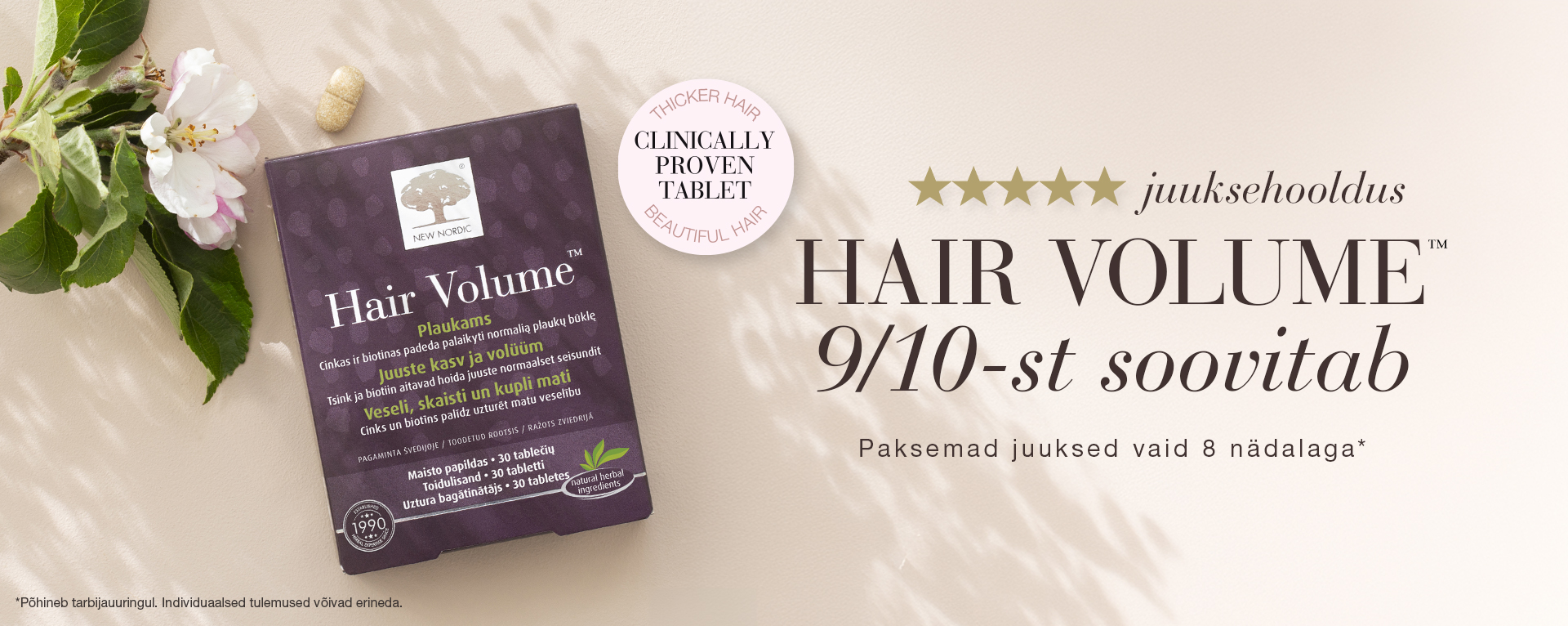 New Nordic Hair Volume™ pakend õite ja tabletiga ning viie tärni hinnanguga heledal taustal.