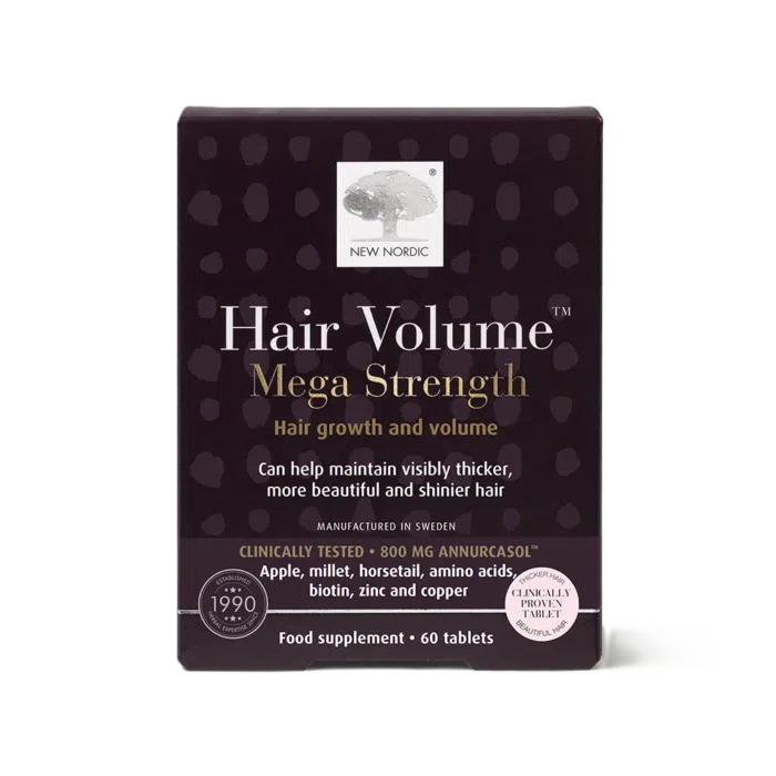 w_HairVolumeMega_60_Front_UK_Tile1-2 New Nordic Hair Volume™ Mega Strength toidulisand juuste kasvu ja volüümi toetamiseks.